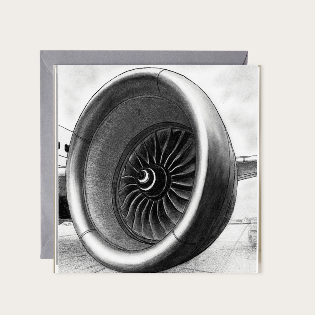Aircraft Engine – Hand-Drawn Greeting Card | Detailed Aviation Art — card with grey envelope