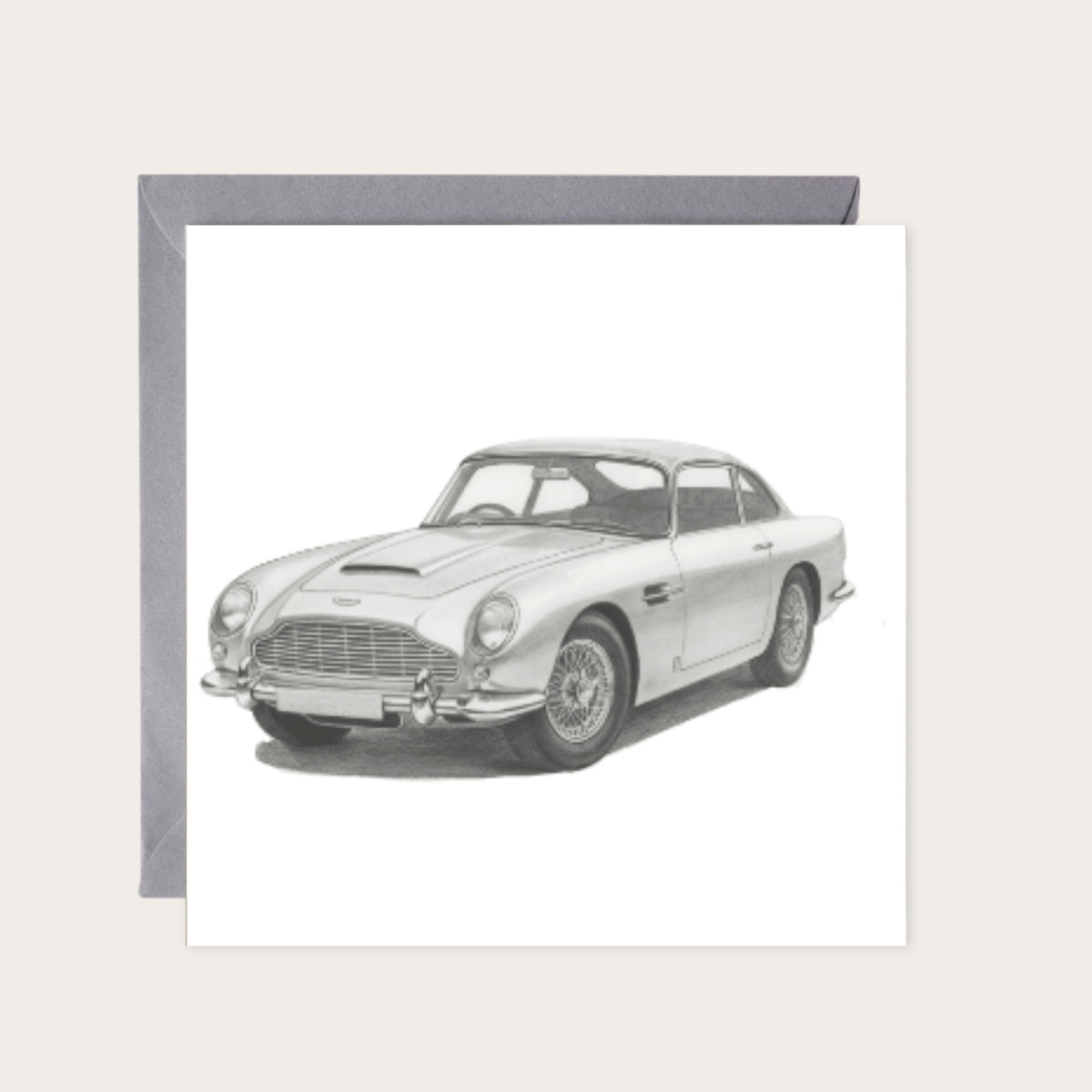 Aston Martin DB5 – Hand-Drawn Greeting Card | Iconic British Luxury Sports Car Art — card with grey envelope