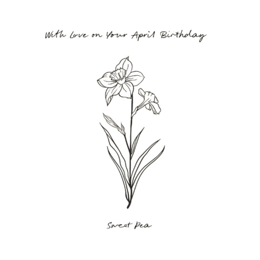 April – Sweet Pea “With Love on Your Birthday” Card | Hand-Drawn Flower Illustration | Whimsical & Elegant Art — card front