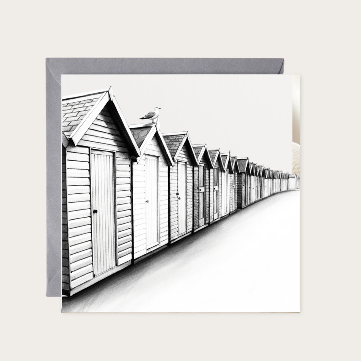 Beach Huts Greeting Card — card with grey envelope