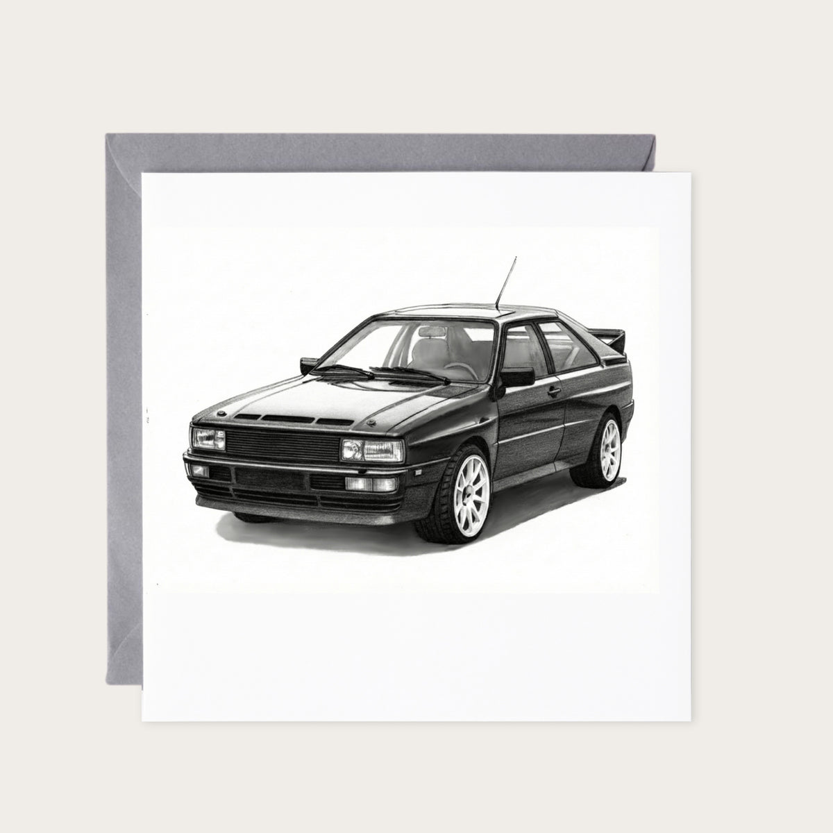 Audi Quattro – Hand-Drawn Greeting Card | Legendary Rally & Sports Car Art — card with grey envelope