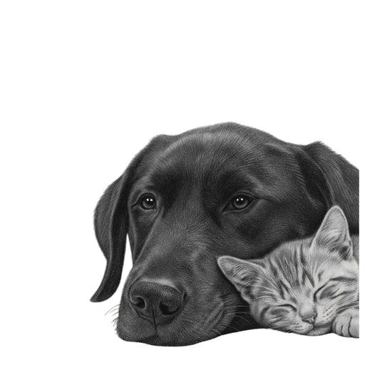 Best Friends Cuddles – Hand-Drawn Cat & Dog Greeting Card | Heartwarming Pet Art — card front