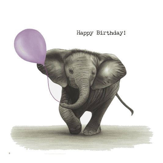 Birthday Elephant – Hand-Drawn Elephant Greeting Card with Purple Balloons | Whimsical & Charming Art — card front