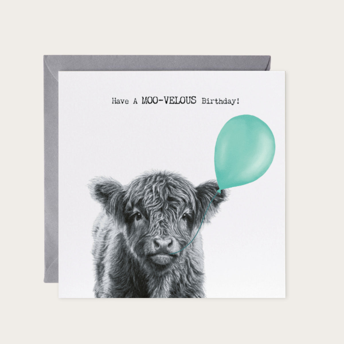 Birthday Coo – Have a Moovelous Birthday | Hand-Drawn Calf Greeting Card — card with grey envelope