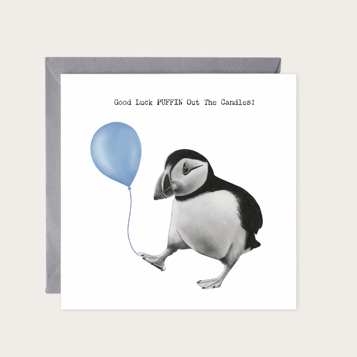 Birthday Puffin – Hand-Drawn Puffin Greeting Card with Blue Balloon | Whimsical & Charming Art — card with grey envelope