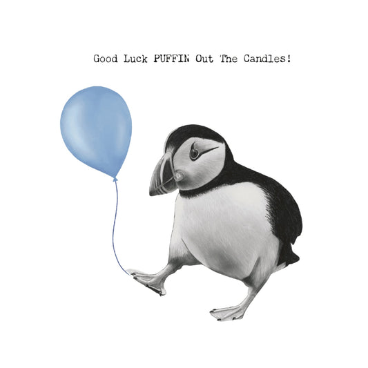 Birthday Puffin – Hand-Drawn Puffin Greeting Card with Blue Balloon | Whimsical & Charming Art — card front