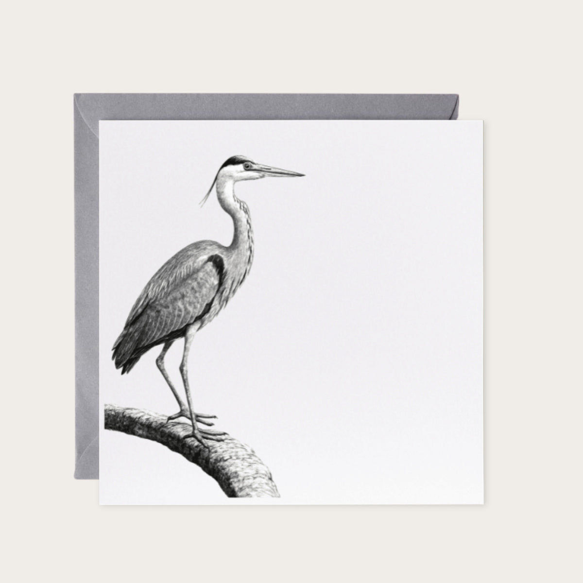 Bosona the Heron – Hand-Drawn Greeting Card | Elegant Wildlife Art — card with grey envelope
