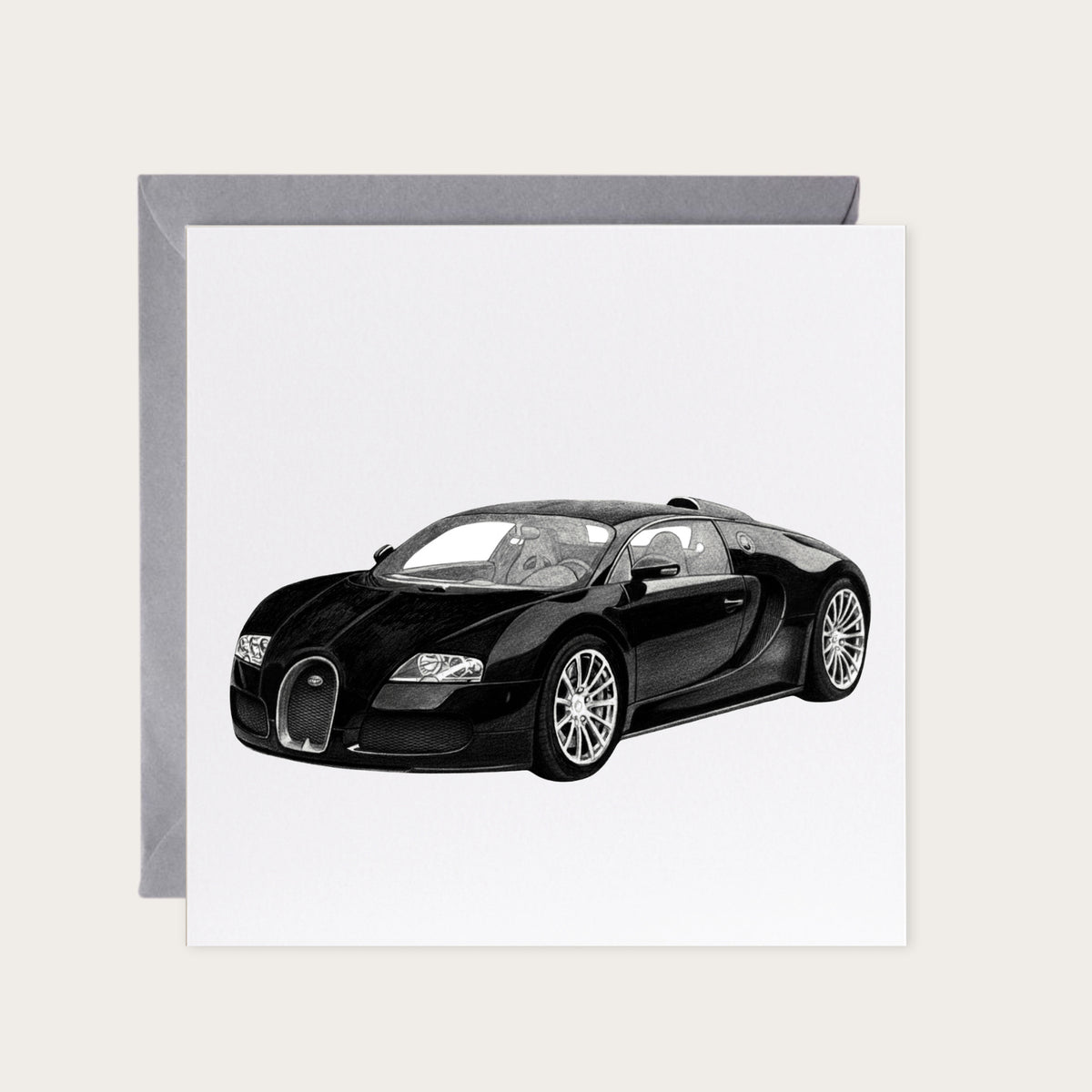 Bugatti Veyron – Hand-Drawn Greeting Card | Iconic Luxury Supercar Art — card with grey envelope