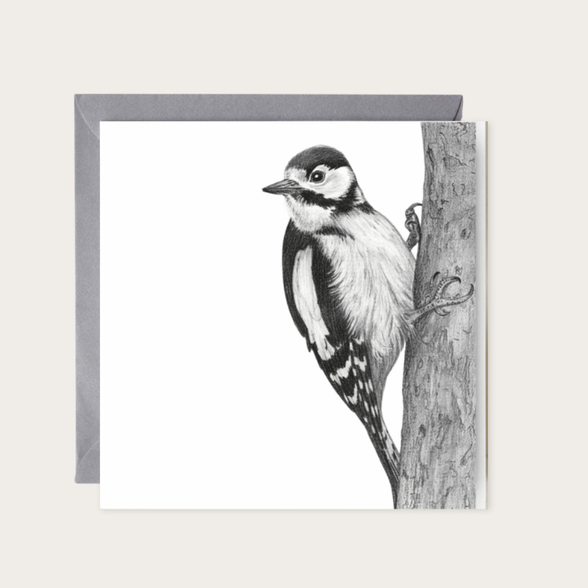 Cervantes the Woodpecker – Hand-Drawn Greeting Card | Striking Wildlife Art — card with grey envelope