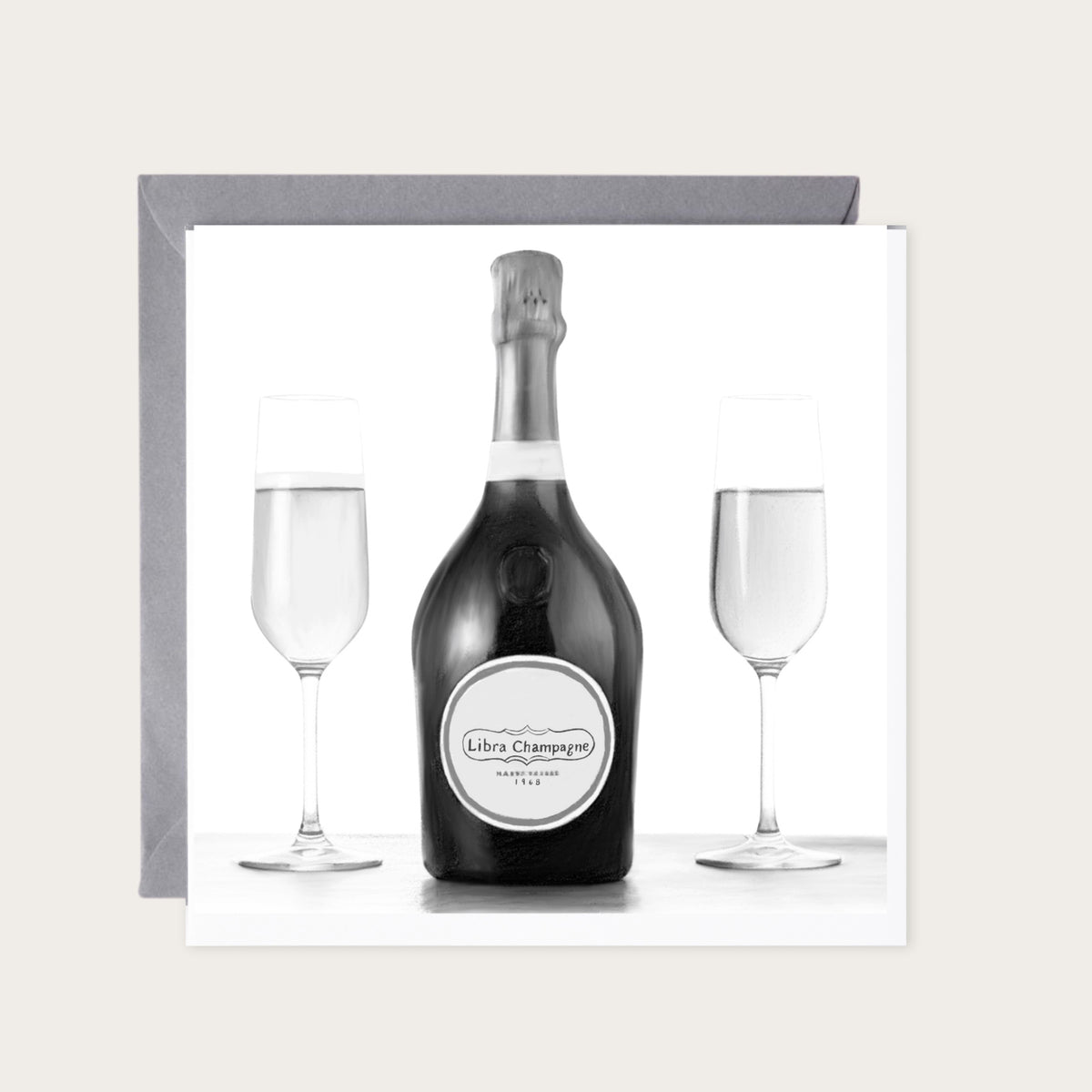 Champagne Bottle Greeting Card — card with grey envelope