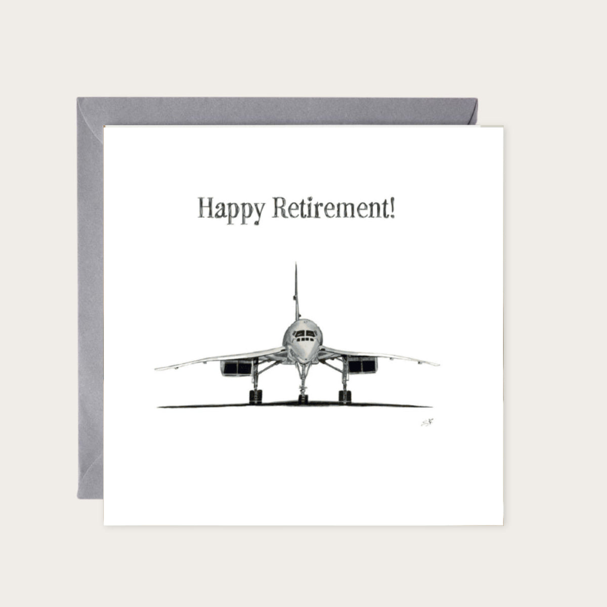 Concorde Travel – Hand-Drawn Retirement Greeting Card | Aviation & Travel Art — card with grey envelope