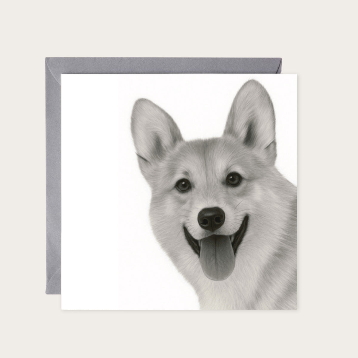 Corgi Dog – Hand-Drawn Greeting Card | Playful & Charming Pet Art — card with grey envelope