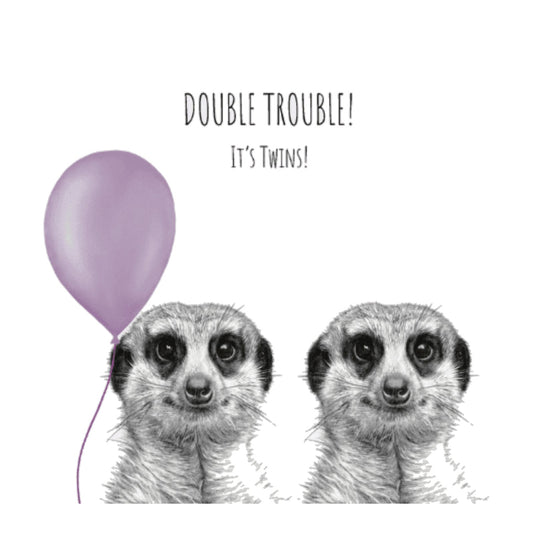 Double Trouble Meerkat – Hand-Drawn New Baby Greeting Card | Charming Wildlife Art — card front