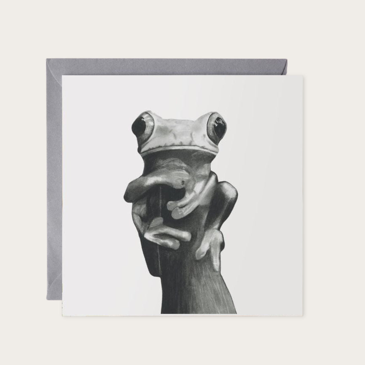 Draco the Tree Frog – Hand-Drawn Greeting Card | Whimsical Wildlife Art — card with grey envelope