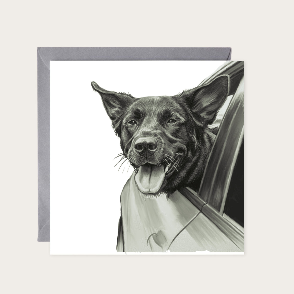 Driving Dog – Hand-Drawn Greeting Card | Playful & Charming Pet Art — card with grey envelope