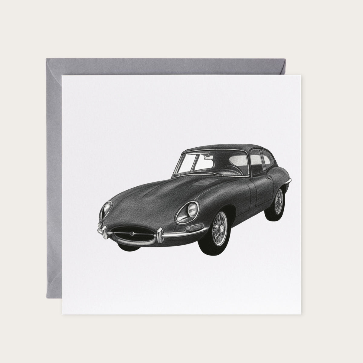 E-Type Jaguar – Hand-Drawn Greeting Card | Classic British Sports Car Art — card with grey envelope