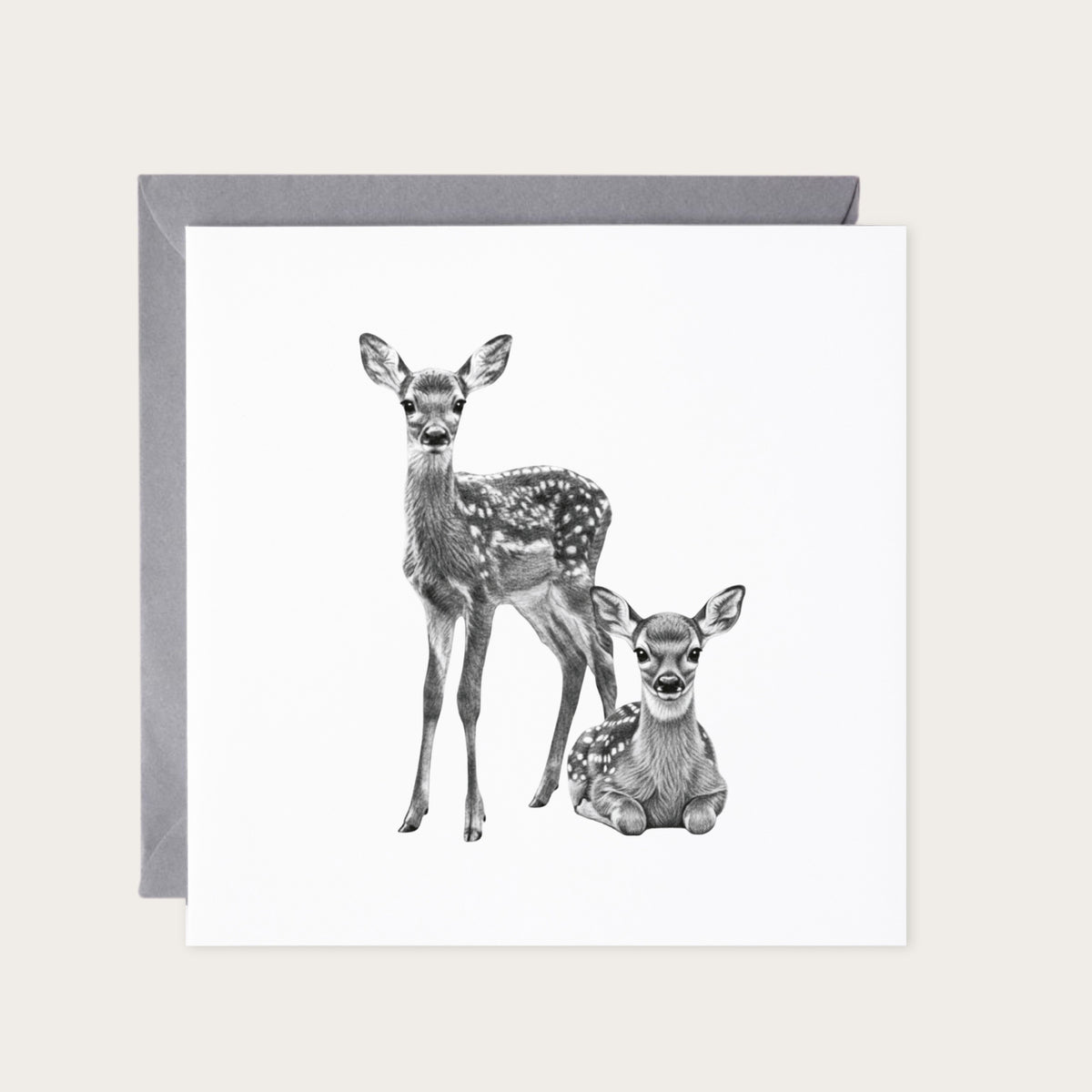 Fawn and Baby Hand Drawn Greeting Card — card with grey envelope