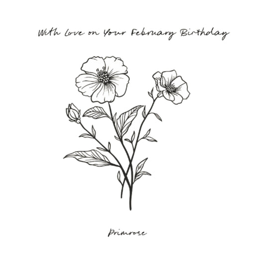 February – Primrose Birthday Card | Hand-Drawn Flower Illustration | Whimsical & Elegant Art — card front
