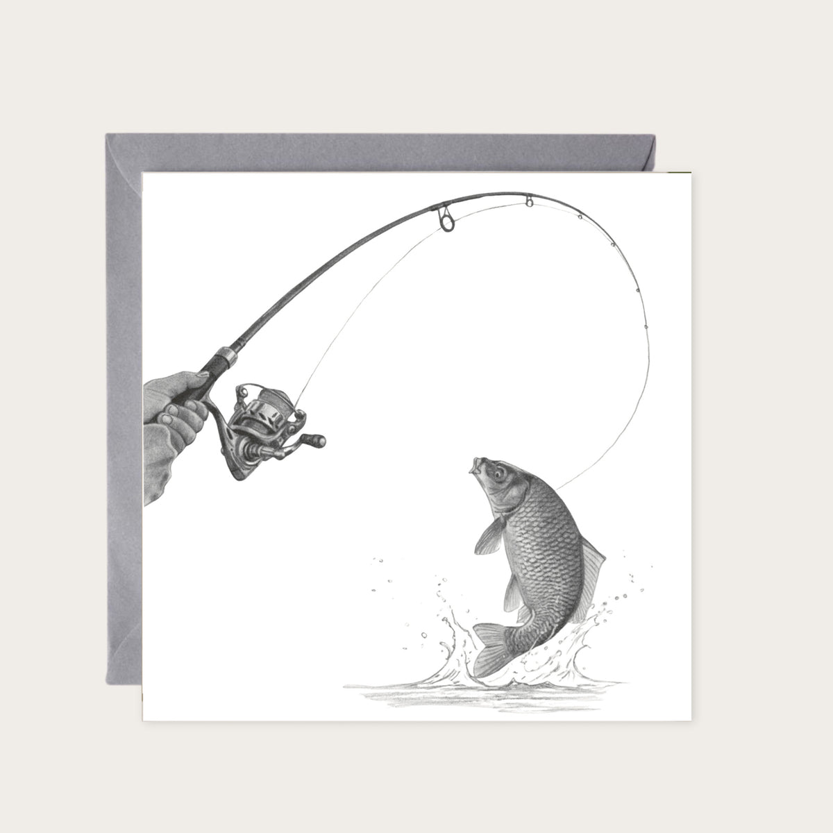 Fishing – Hand-Drawn Greeting Card | Outdoor & Leisure Art — card with grey envelope