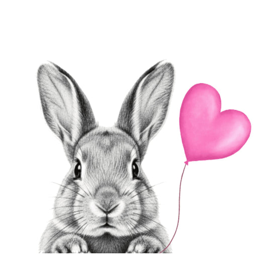 Floating Bunny – Pink Balloon Hand-Drawn Greeting Card | Cute & Whimsical Art — card front