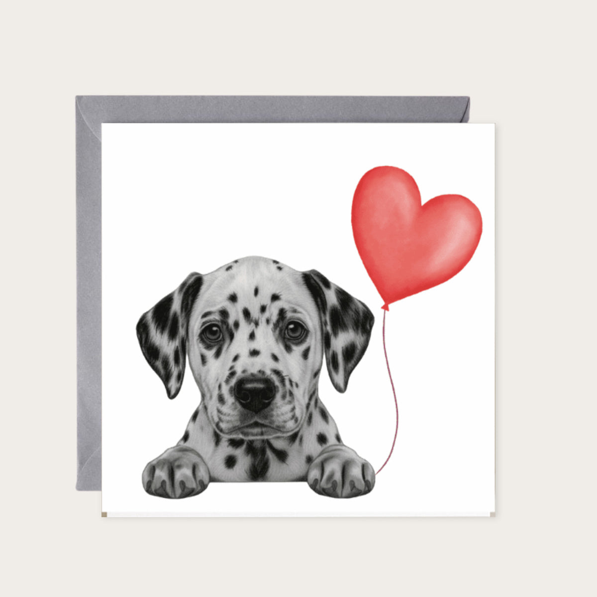 Floating Dalmatian – Red Heart Balloon Hand-Drawn Greeting Card | Cute & Whimsical Art — card with grey envelope