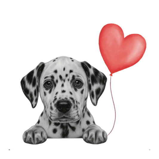 Floating Dalmatian – Red Heart Balloon Hand-Drawn Greeting Card | Cute & Whimsical Art — card front