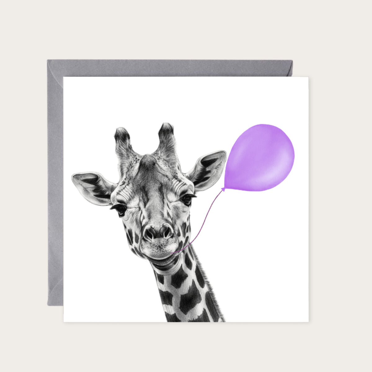 Floating Giraffe – Purple Balloon Hand-Drawn Greeting Card | Cute & Whimsical Art — card with grey envelope