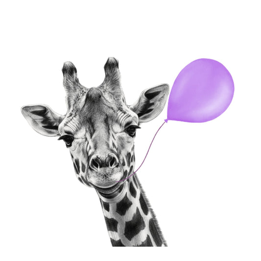 Floating Giraffe – Purple Balloon Hand-Drawn Greeting Card | Cute & Whimsical Art — card front