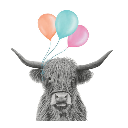 Floating Highland Coo – Lots of Balloons Hand-Drawn Greeting Card | Cute & Whimsical Art — card front