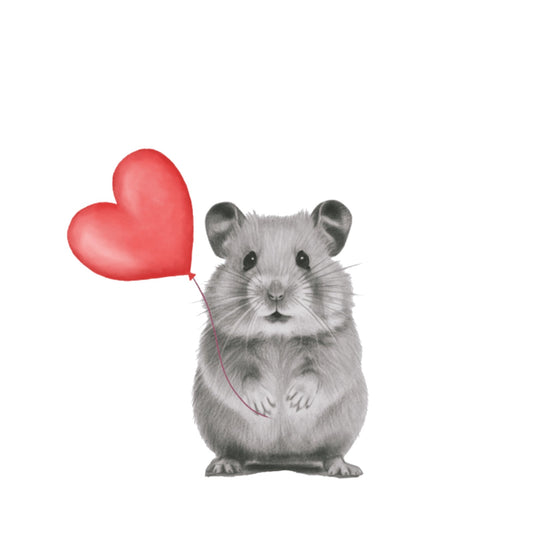 Floating Hamster – Red Balloon Hand-Drawn Greeting Card | Cute & Whimsical Art — card front