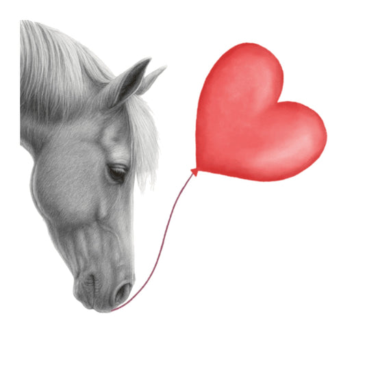 Floating Horse – Red Heart Balloon Hand-Drawn Greeting Card | Romantic & Whimsical Art — card front