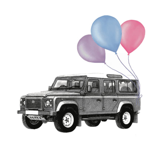 Floating Off-Roader – Lots of Balloons Hand-Drawn Greeting Card | Fun & Whimsical Vehicle Art — card front