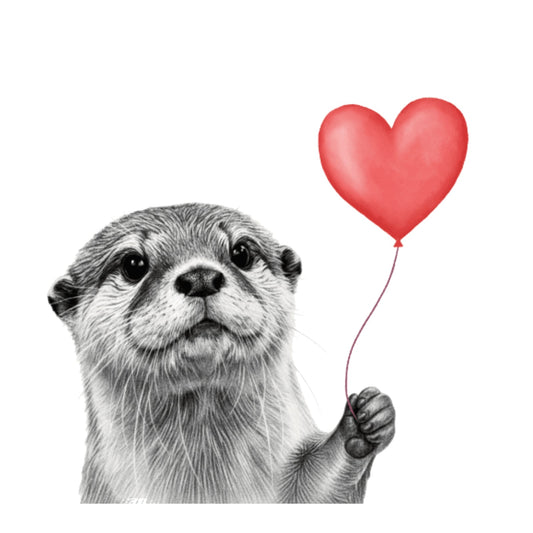 Floating Otter – Red Balloon Hand-Drawn Greeting Card | Cute & Whimsical Art — card front