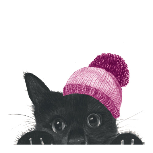 Winter Kitten Christmas Card – Purrfectly Cosy in Pink — card front