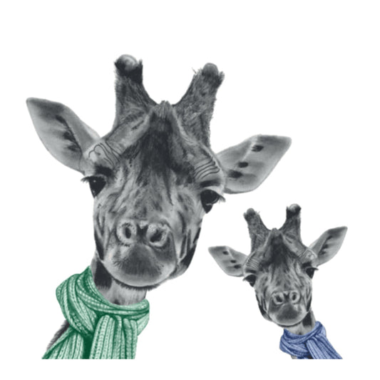 Winter Giraffe & Baby Christmas Card – Cosy Necks, Warmer Hearts — card front