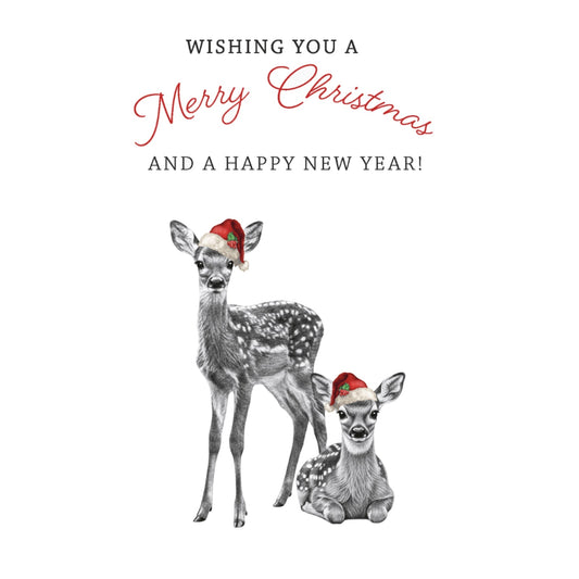 Cute Deer & Fawn Christmas Card – Red Hat Festive Wildlife Design — card front