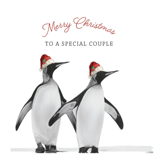 Merry Christmas to a Special Couple Penguin Card – Festive Red Hats Design — card front