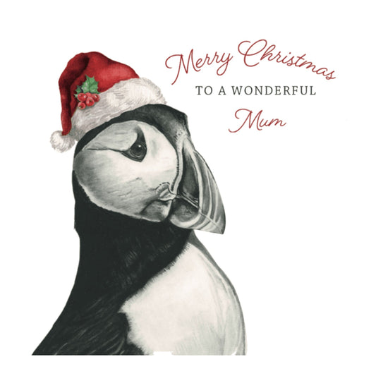 Merry Christmas To A Wonderful Mum – Festive Puffin Christmas Card — card front