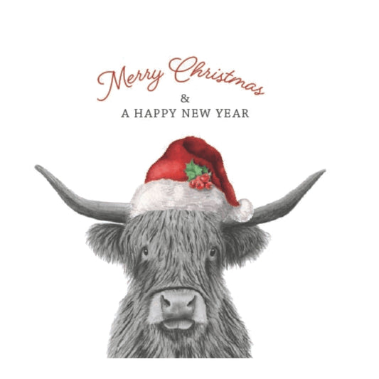 Merry Christmas Highland Coo Greeting Card — card front
