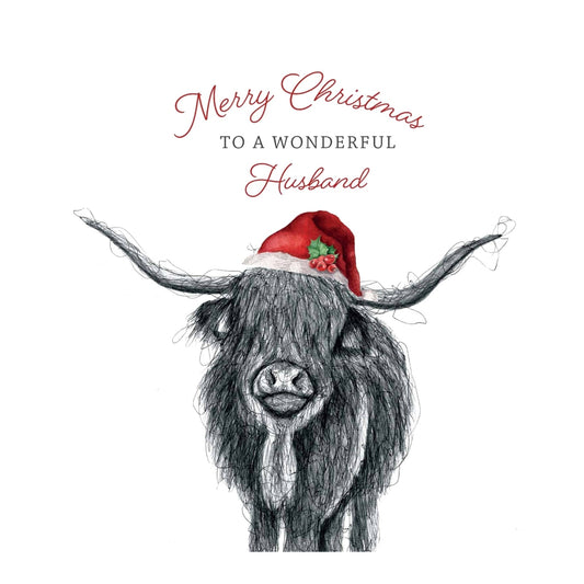 Merry Christmas to a Wonderful Husband Highland Cow — card front