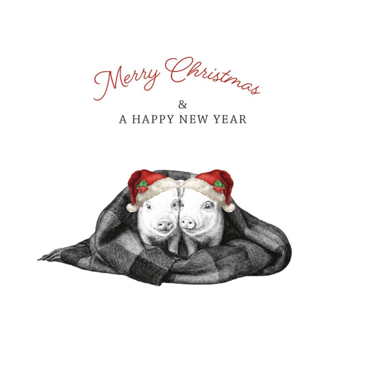 Piggies in the Blanket Christmas Card – Cute Festive Christmas Greeting Card — card front