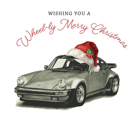 Wheely Merry Christmas Sports Car Card – Red Santa Hat Festive Greeting — card front