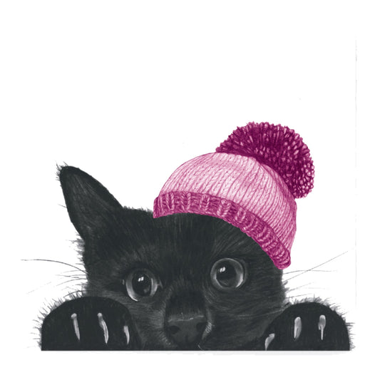 Winter Kitten Christmas Card – Purrfectly Cosy in Pink — card front
