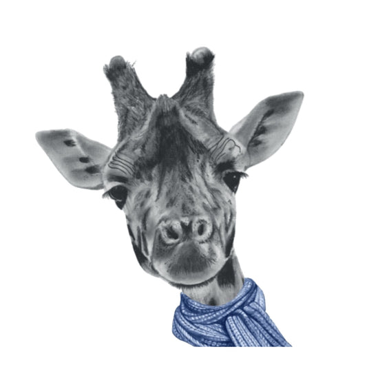 Winter Giraffe Christmas Card – Tall, Elegant & Wrapped in Blue — card front