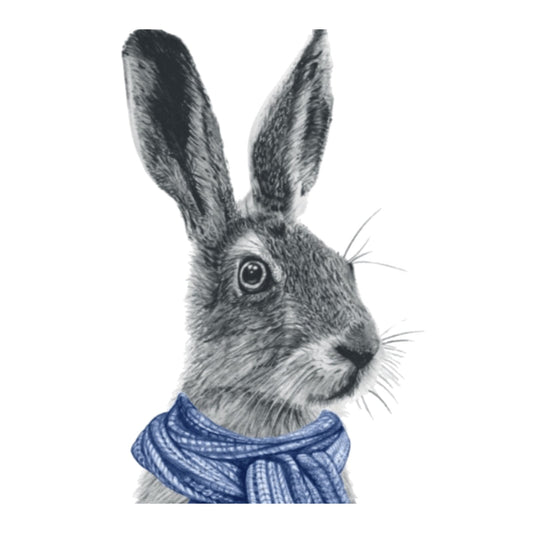 Winter Hare Christmas Card – Wrapped Up in Blue — card front