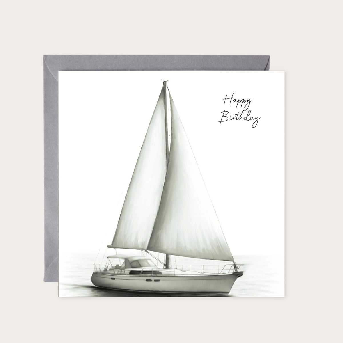 Happy Birthday – Sailing Sailboat Hand-Drawn Greeting Card | Nautical & Whimsical Art — card with grey envelope