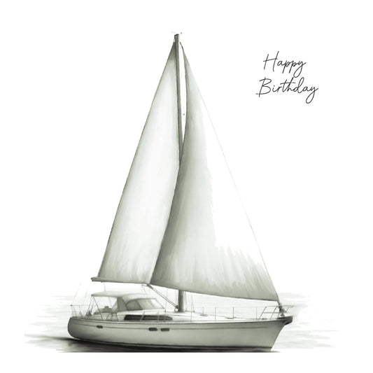 Happy Birthday – Sailing Sailboat Hand-Drawn Greeting Card | Nautical & Whimsical Art — card front