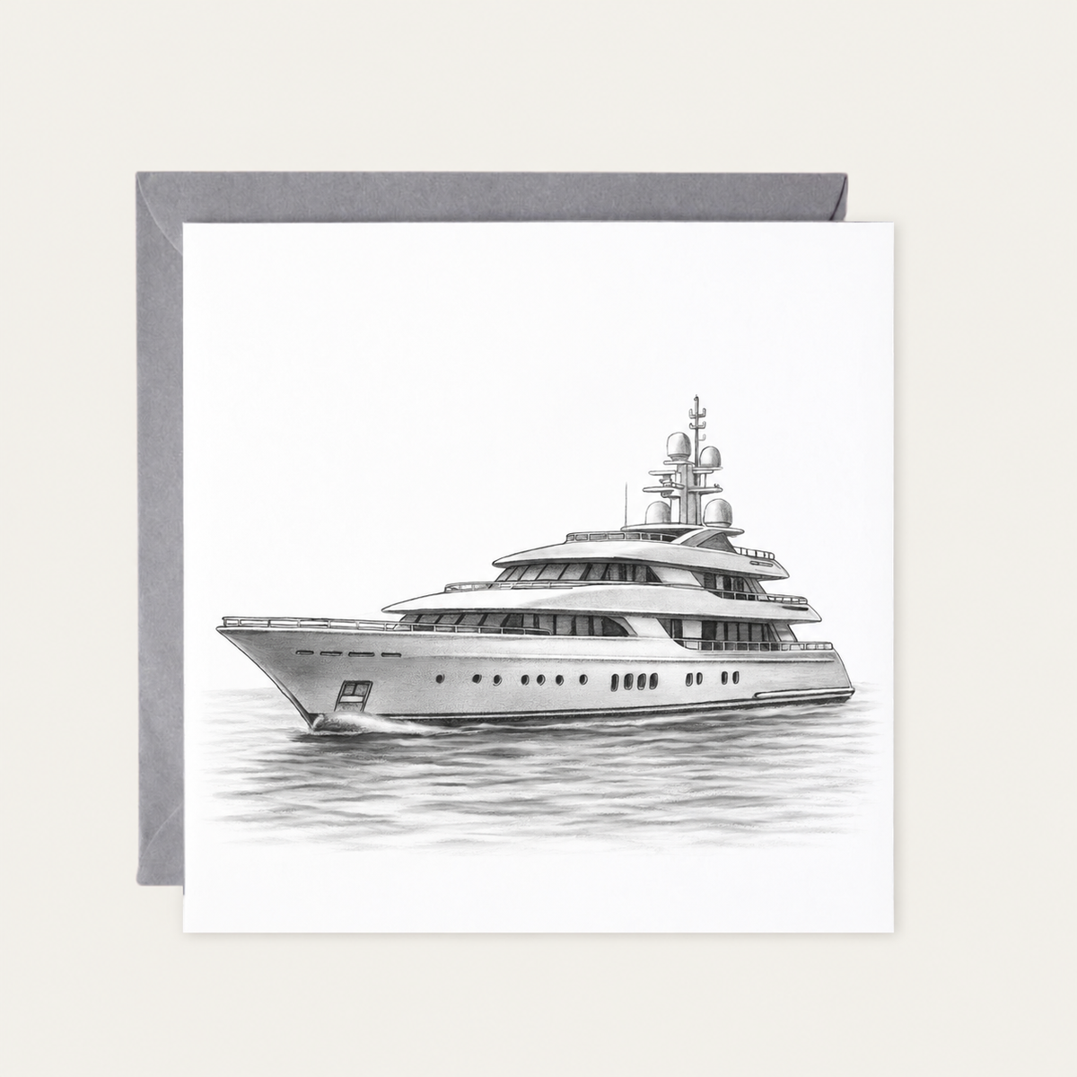 Super Yacht – Hand-Drawn Greeting Card | Luxury Lifestyle Art — standard grey envelope mockup