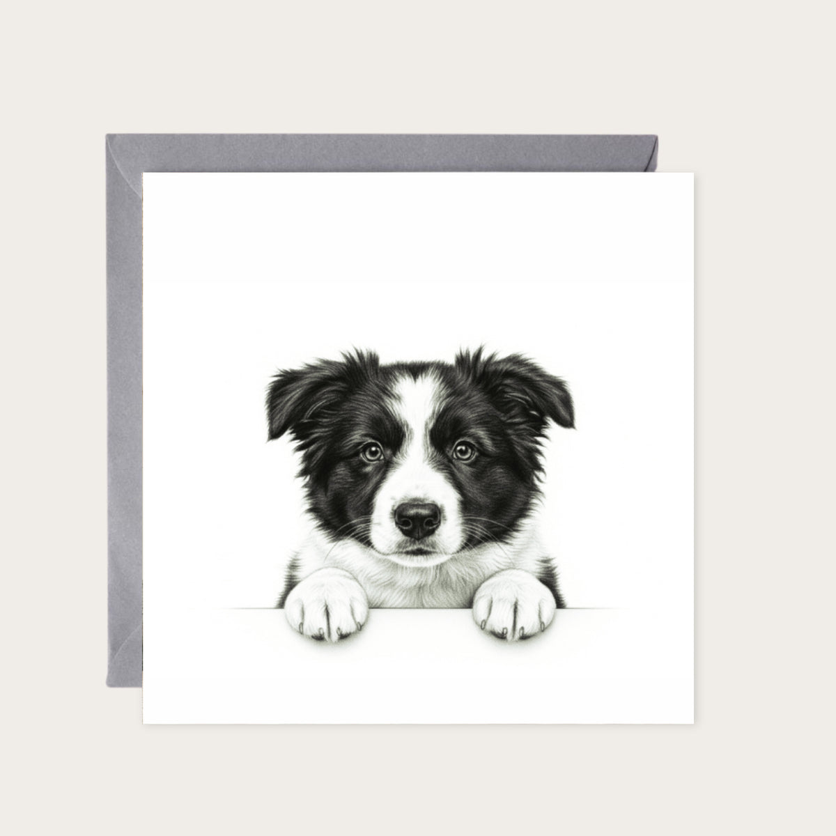 Peeking Border Collie – Hand-Drawn Greeting Card | Cute & Playful Dog Illustration — card with grey envelope