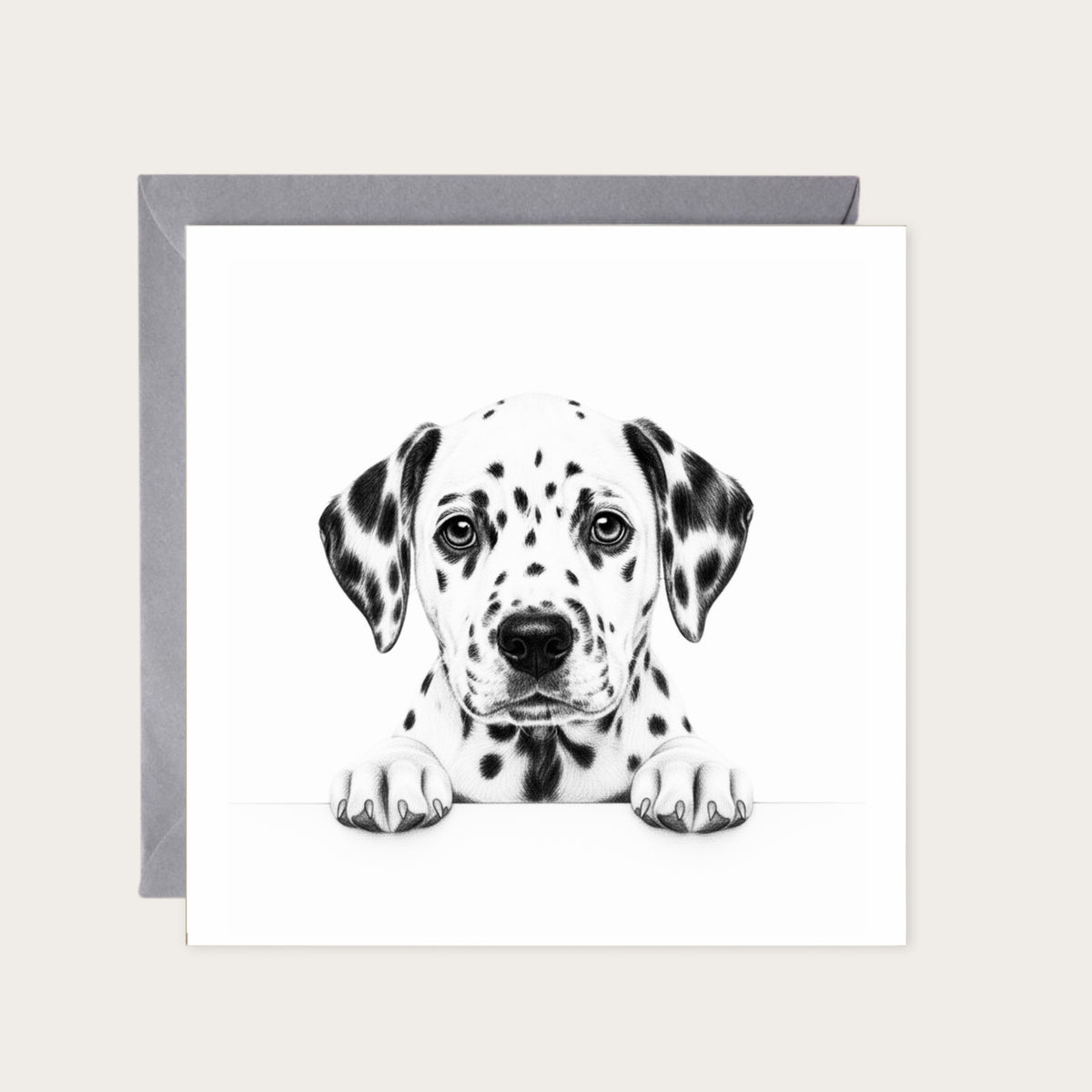 Peeking Dalmatian – Hand-Drawn Greeting Card | Cute & Playful Dog Illustration — card with grey envelope